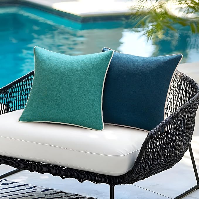 ANRODUO Set of 2 Outdoor Waterproof Pillow Covers 16x16 Inch Navy Blue Decorative Throw Pillow Covers Linen Square Solid Color Couch Pillow Covers for Patio Tent Bed Sofa and Living Room Summer Decor