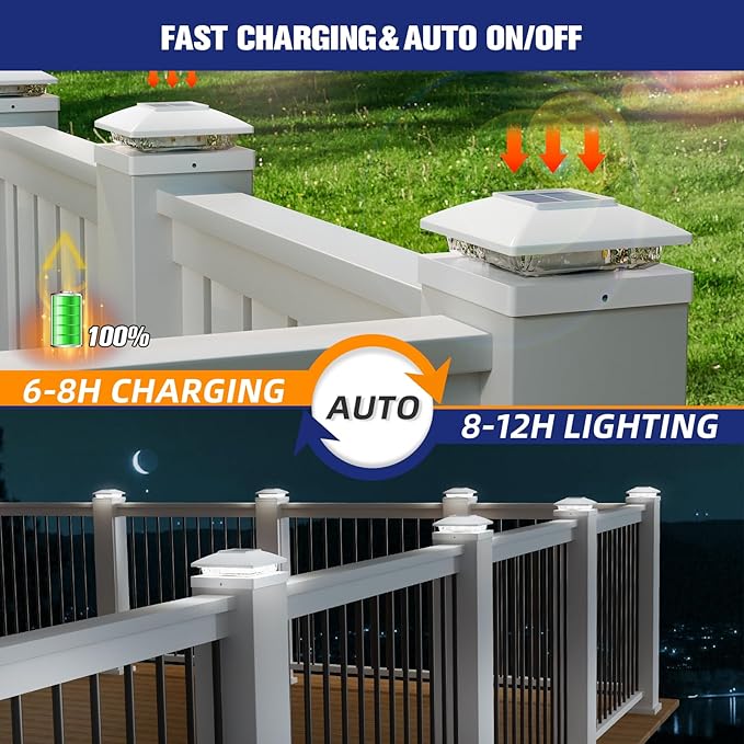APONUO Solar Post Cap Lights for 4x4 5x5 Posts - IP64 Waterproof, 6500K LED, No-Wire Fence Lights & Deck Lights for Patio Garden Yard Patio, White-Cool White, 6 Pack