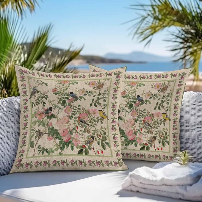 Vandarllin Outdoor Throw Pillows Covers 20x20 inch Set of 2 Waterproof Pink Floral Bird Decorative Zippered Cushion Covers for Patio Furniture, Green Leaves Branches Linen Lumbar Pillowcases