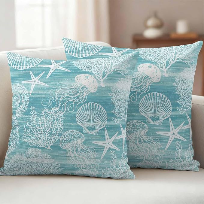Teal Coastal Outdoor Waterproof Throw Pillow Covers Set of 2, 16"x16", Nautical Starfish Jellyfish Coral Summer Decorative Pillow Covers Outside Cushion Case for Patio Porch Garden
