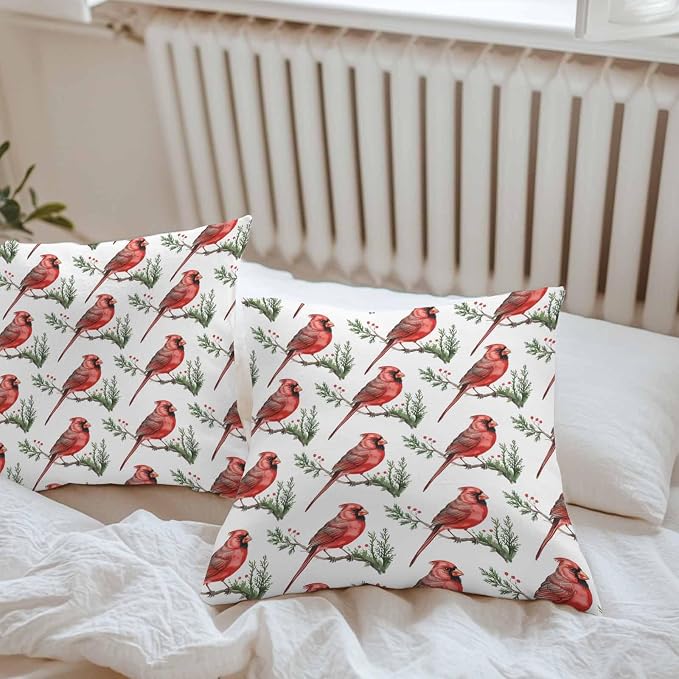 YOKOU Outdoor Waterproof Throw Pillow Covers, Christmas Red Bird on Pine Branches Berries Cardinal Pillowcases Cushion Covers Cases for Patio Couch Bench, Pack of 2 Square, 18X18 Inch