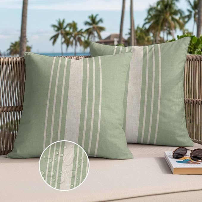 Throw Pillow Covers 16x16 Inch Set of 2, Sage Green Beige Striped Waterproof Outdoor Cushion Covers, Modern Farmhouse Retro Lines Decorative Pillowcases for Couch, Sofa, Bed, Garden, Patio