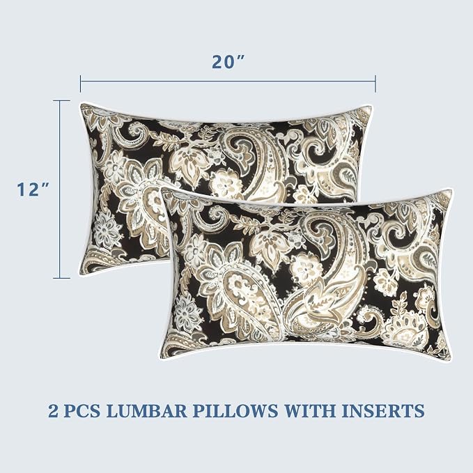 LVTXIII Set of 2 Outdoor Lumbar Pillows for Patio Furniture with White Piping, 12"x20" Fade Resistant Patio Lumbar Pillows with Inserts for Home Coach Sofa Use, Paisley Black