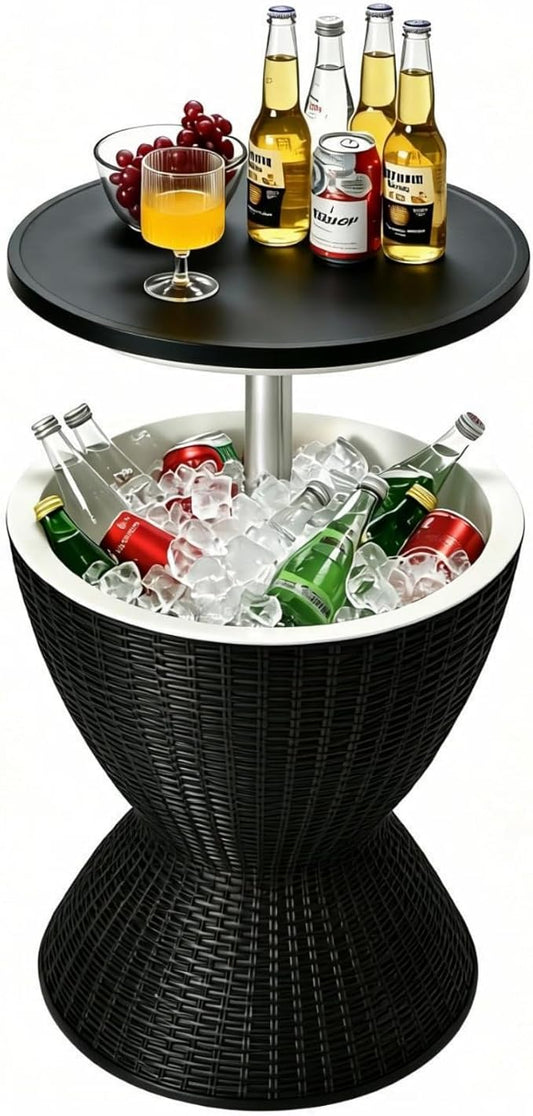 Tangkula Outdoor Cooler Table, Multi-Functional Cooler Bar Table, Adjustable Height Ice Cooler Side Table w/Drain Plug, 8 Gallon Beer & Wine Cooler, Rattan Style Patio Furniture for Pool Parties
