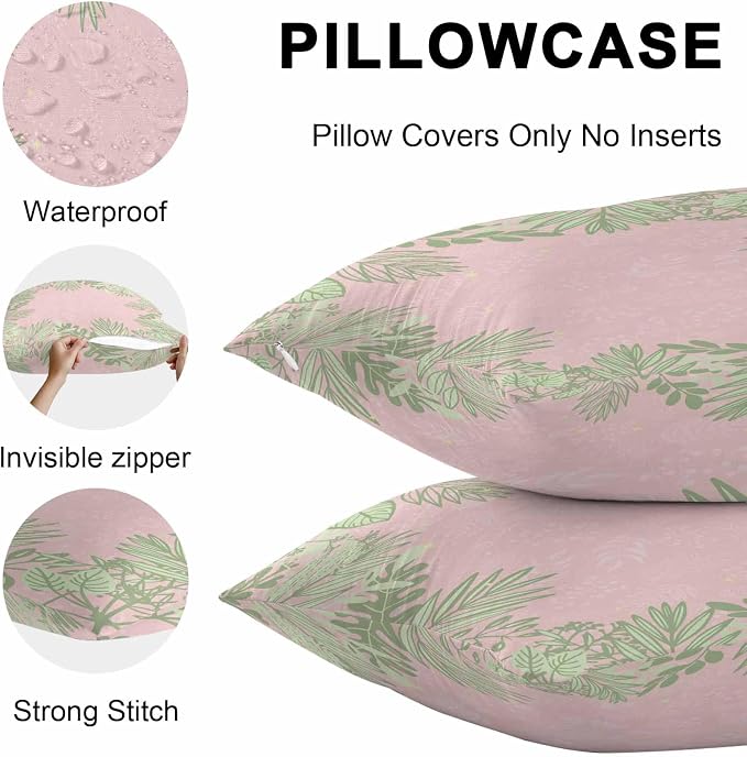 Vandarllin Outdoor Throw Pillows Covers 26x26 inch Set of 2 Waterproof Sage Green Leaves Decorative Zippered Cushion Covers for Patio Furniture, Spring Floral Plants Pink Lumbar Pillowcases