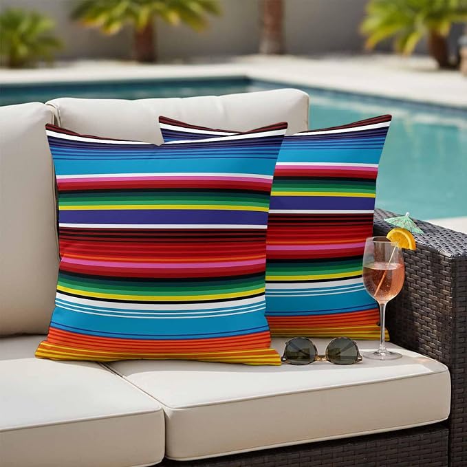 Colorful Striped Outdoor Pillow Covers 24x24 Inch Throw Pillow Covers Set of 2 Waterproof Decorative Pillow Cases Boho Rainbow Stripes Abstract Lines Cushion Covers for Patio Furniture Garden Couch