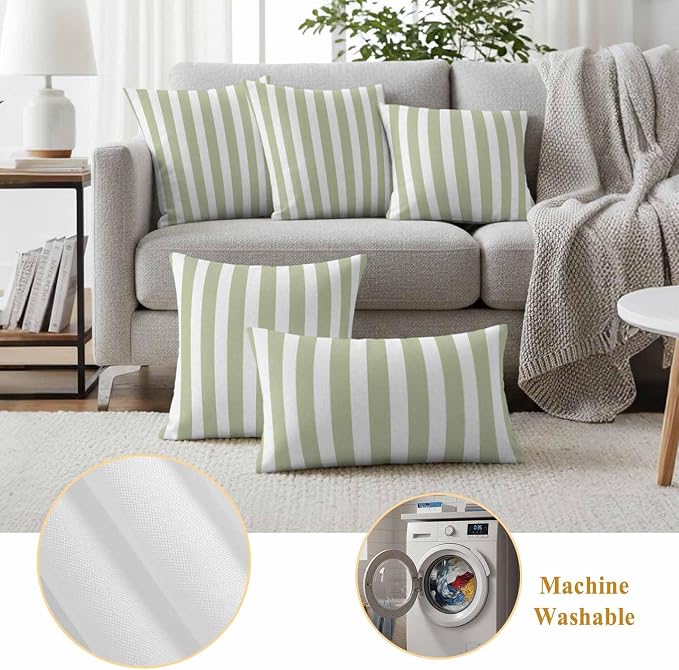 Sage Green Striped Outdoor Waterproof Throw Pillow Covers 20x12 Set of 2, Modern Farmhouse Sage Green White Stripes Decorative Pillowcases Cushion Pillowcase for Couch Sofa Patio Pillow Protector