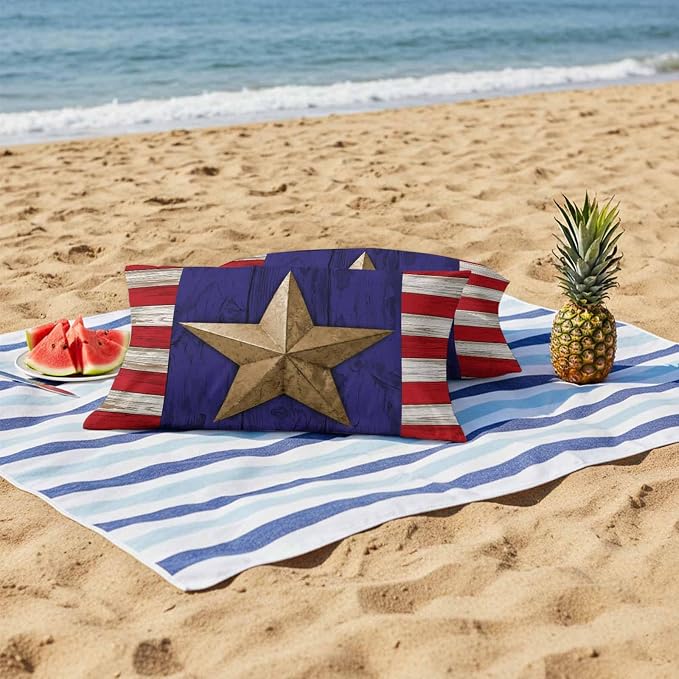 4th of July Outdoor Throw Pillows Covers 20x12 inch Set of 2 Waterproof Patriotic Stars Stripes Decorative Zippered Cushion Covers for Patio Furniture, Red White Blue Wood Grain Lumbar Pillowcases