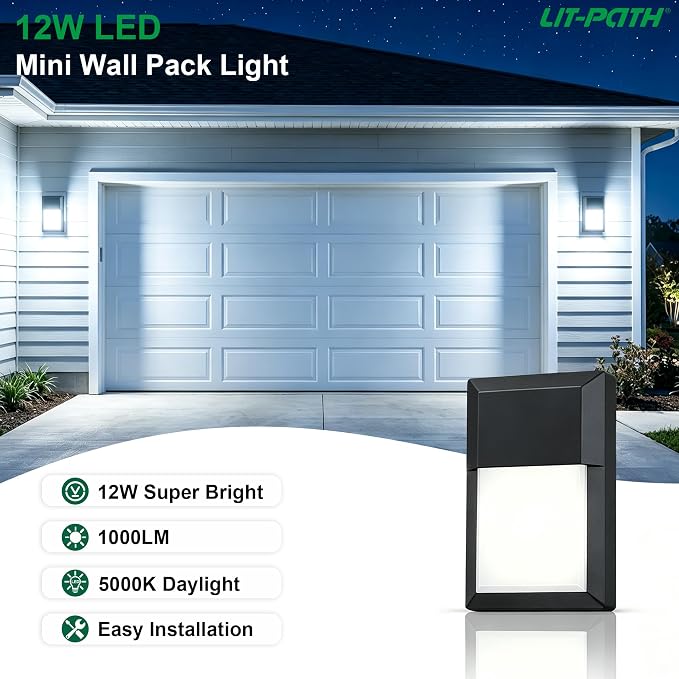 Outdoor Porch Light, LED Wall Sconce, Rustproof Aluminum | Modern Exterior Wall Light Fixture for House, Patio, Garage, 12W 1000 Lumen, Waterproof, 5000K, Black, 1 Pack