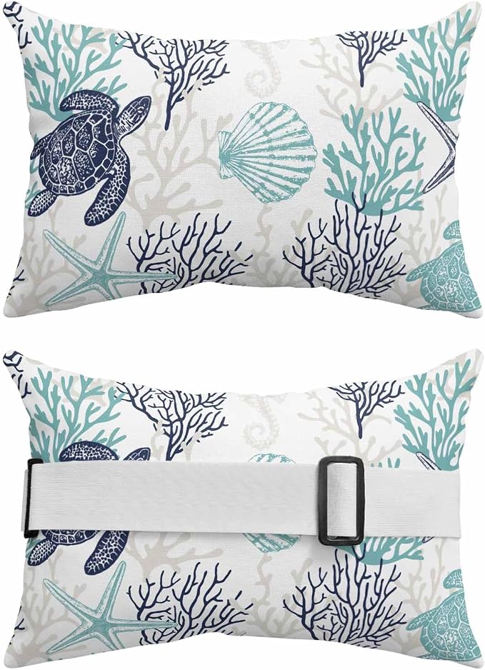 Lumbar Pillow Covers Set of 4, Teal Blue Coastal Waterproof Outdoor Chaise Lounge Pillow Covers with Elastic Strap, Sea Turtle Nautical Coral Summer Beach Headrest Pillowcase for Patio, 11 x 16