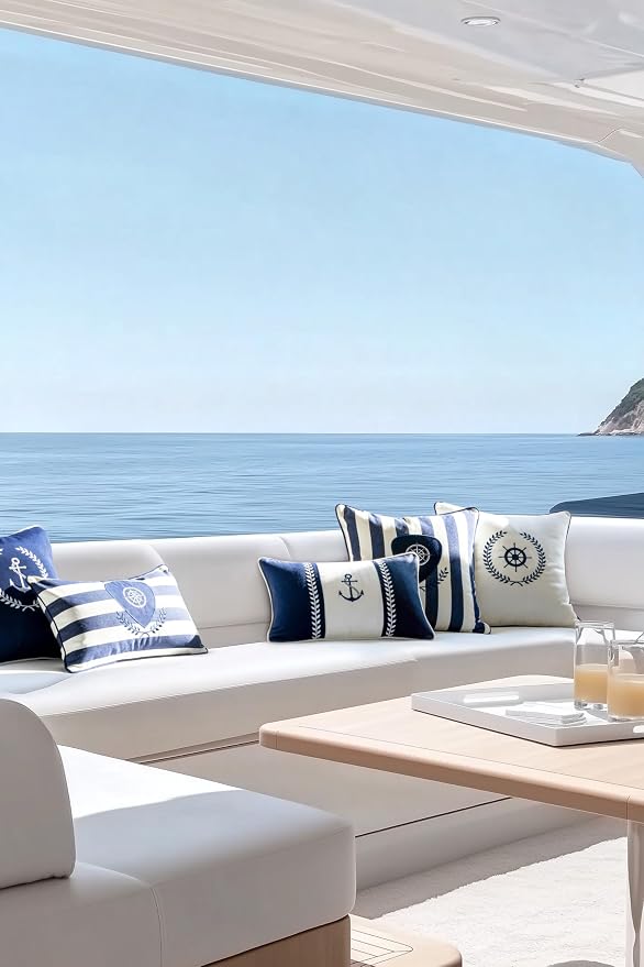 Hofdeco Premium Coastal Patio Indoor Outdoor Throw Pillow Cover Only, 18"x18" Water Repellent for Backyard, Couch, White Embroidered Nautical Yacht Wheel