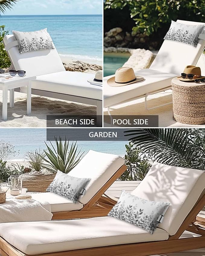 Outdoor Pillows Waterproof Covers Set of 2, Gray Eucalyptus Leaf Adjustable Elastic Chaise Lounge Headrest Pillow Covers, Watercolor Leaves Lumbar Pillow for Pool Beach Patio Furniture 20x12 Inch