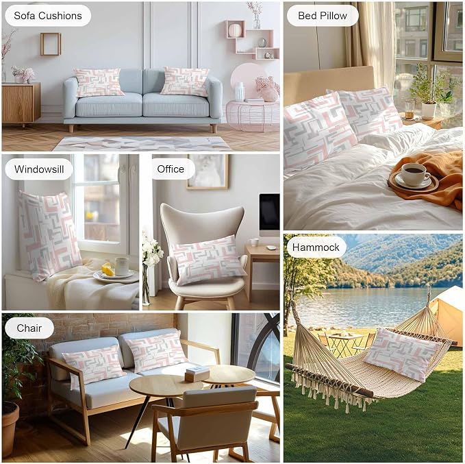 Vandarllin Outdoor Throw Pillows Covers 20x12 inch Set of 2 Waterproof Pink Geometric Stripes Decorative Zippered Cushion Covers for Patio Furniture, Modern Abstract Lines Lumbar Pillowcases