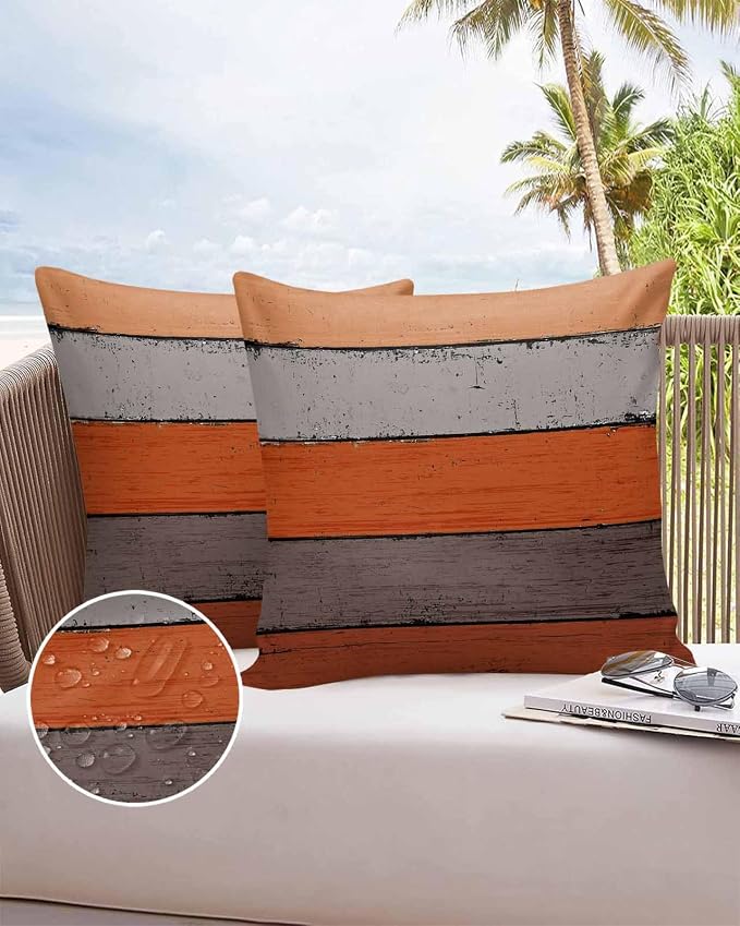 Outdoor Throw Pillow Covers 16X16 Set of 2 Waterproof Ombre Burnt Orange Gray Decorative Zippered Cushion Covers for Patio Furniture, Farmhouse Retro Rustic Barn Wood Texture Lumbar Pillowcases