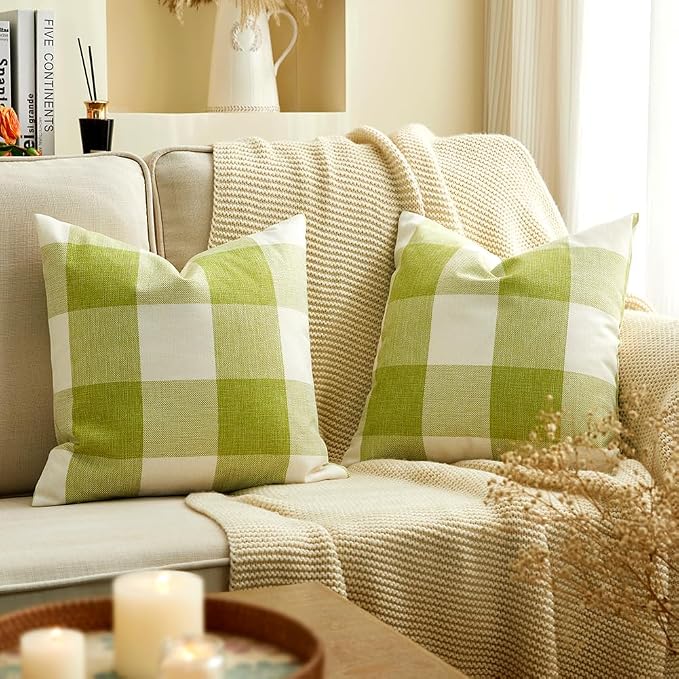 CARRIE HOME Spring Sage Green Plaid Pillow Covers 20x20 Set of 2, Green Decorative Buffalo Plaid Couch Pillows, Farmhouse Spring Home Decor Indoor Checkered Pillow Cover (No Pillow Inserts)