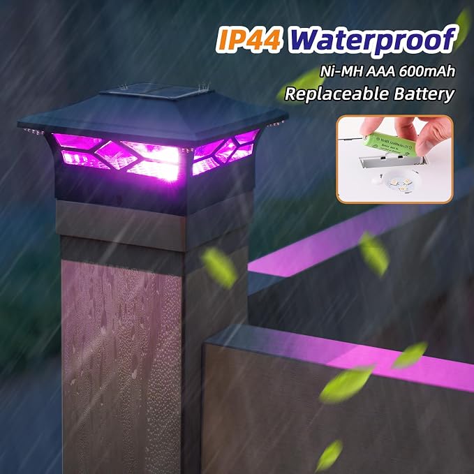 APONUO Solar Post Cap Lights with 8 RGB Colors and Multicolor Flow, Ultra-Bright Clear Lens, IP65 Waterproof for 4x4 5x5 6x6 Wood & Vinyl Fence Posts, 8 Pack Black