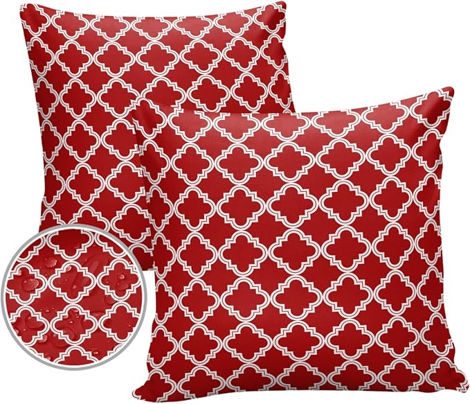 Outdoor Waterproof Pillow Covers for Patio Furniture Moroccan Pattern Decorative Throw Pillow Cover Geometric Trellis Red Pillowcases Set of 2 Cushion Case for Sofa Couch Chair Home Decor 16x16 inch