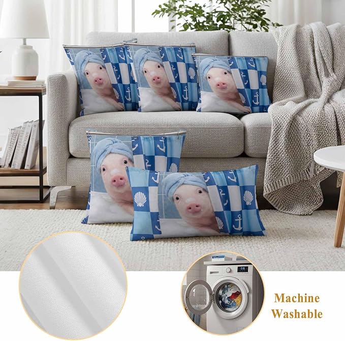 Bathing Pig Waterproof Outdoor Pillow Covers Set of 2 Home Decor, Funny Animal Showering Pillowcase Patio Pillow Covers for Couch Bench Patio Furniture Garden 16x16in