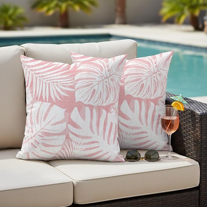 Pink Palm Leaves Outdoor Pillow Covers 20"x20" Set of 2, Tropical Botanical Modern Minimalist Waterproof Throw Pillow Covers for Patio Furniture, Decorative Cushion Covers for Porch
