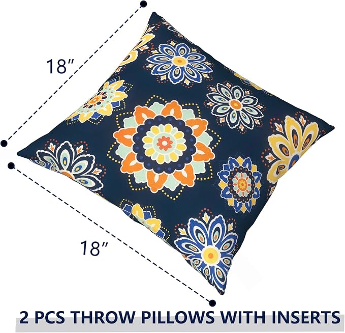 Outdoor Pillows with Insert 18x18 Inch, Waterproof Throw Pillow for Patio Furniture, Decorative Back Cushion for Garden Home Sofa Office Chair, Set of 2, Bloom Medallion‌Cobalt