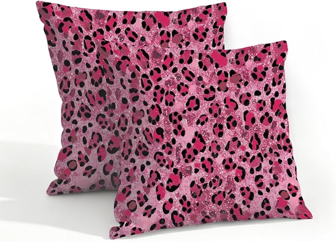 18x18 Inch Outdoor Pillow Covers Set of 2 Waterproof Throw Pillow Covers Decorative Couch Cushion Covers Pink Glitter Leopard Print Square Pillowcases Protectors for Patio Garden Sofa