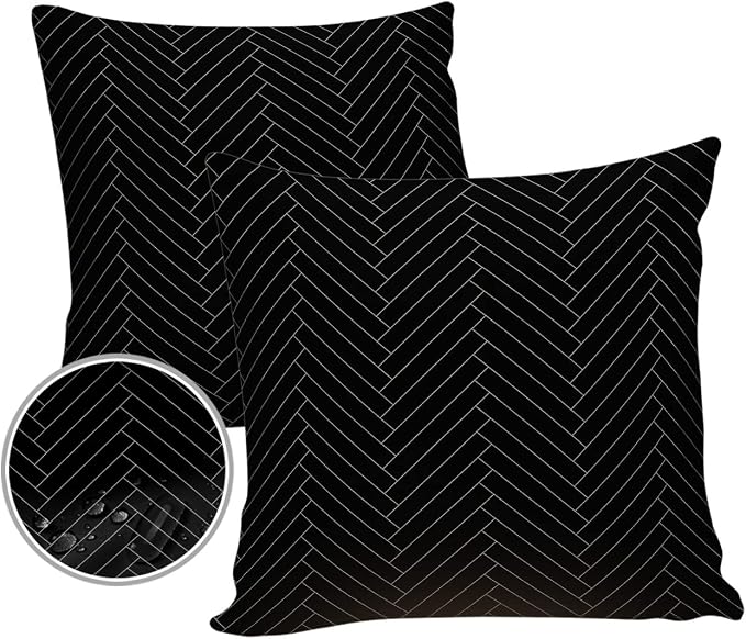 Outdoor Pillows 26x26 Waterproof Outdoor Pillow Covers, Modern Polyester Throw Pillow Covers Garden Cushion Decorative Case for Patio Couch Decoration Set of 2, Black Stripe Herringbone