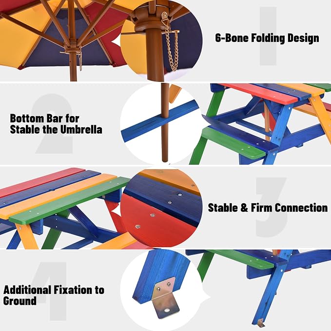HONEY JOY Kids Picnic Table, Fir Wood Toddler Outdoor Table and Bench Set with Foldable & Removable Umbrella, Kids Picnic Tables for Outdoors, Backyard Furniture for Kids(Colorful)