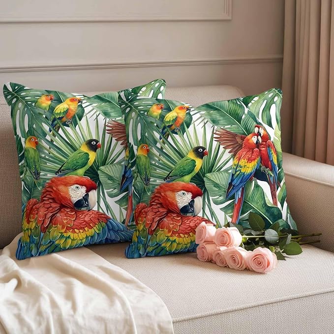 Pack of 2 Waterproof Outdoor Pillow Covers 16x16 Inch Decorative Pillow Covers Tropical Plants Throw Pillowcases Summer Rustic Monstera Palm Leaves Birds Green Outdoor Cushion Cover for Couch, Patio