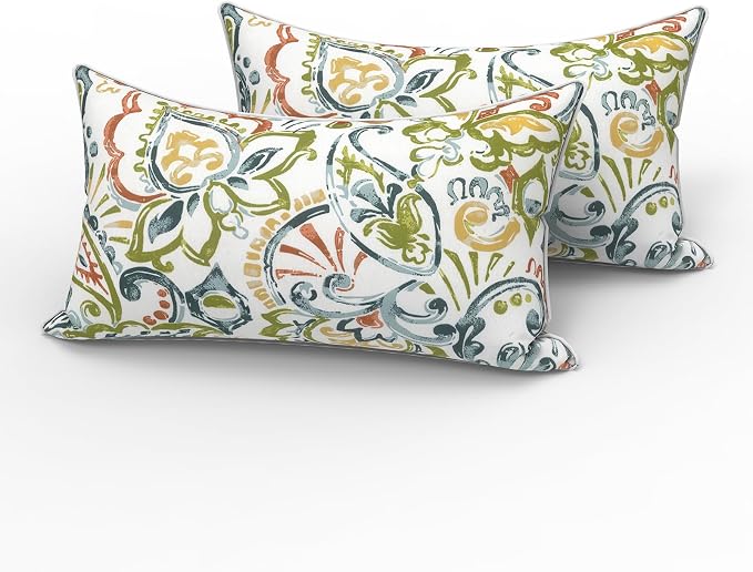 LVTXIII 2 Pack Outdoor Lumbar Pillows 12x20 Inch with White Piping, Fade Resistant Support Throw Pillows with Inserts for Patio Furniture, Sofa, Chair, Paisley Botanical