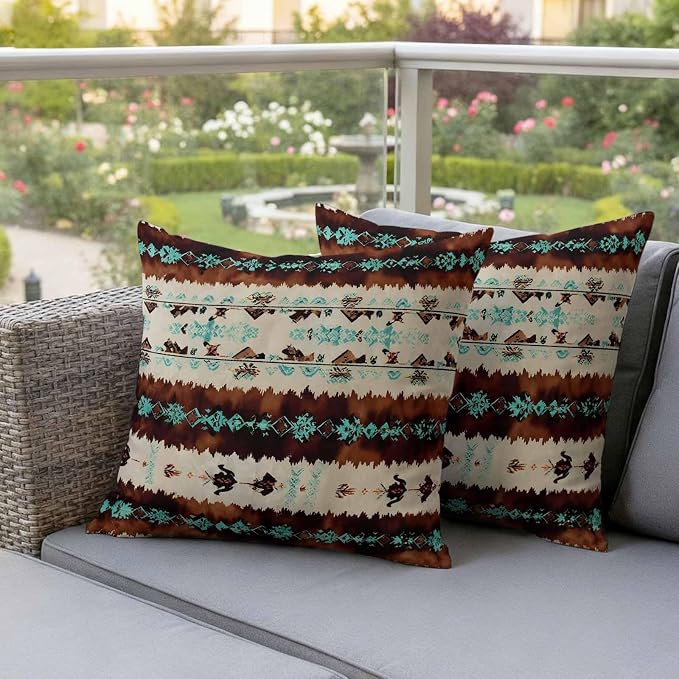 Western Aztec Outdoor Pillow Covers 18"x18" Set of 2, Brown Turquoise Tribal Ethnic Geometric Waterproof Throw Pillow Covers for Patio Furniture, Decorative Cushion Covers for Porch