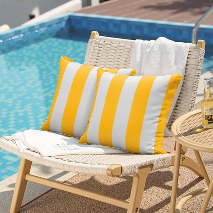 Pack of 2 Decorative Outdoor Waterproof Striped Throw Pillow Covers 18x18 | Yellow,Solid, Polyester Linen Garden Farmhouse Cushion Cases for Couch Sofa Patio Tent Balcony