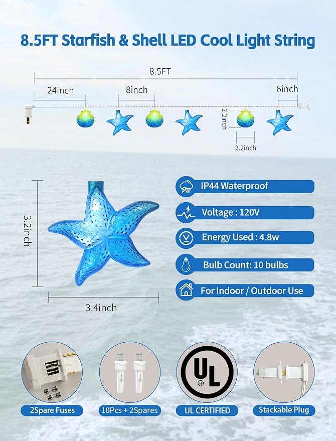 8.5Ft Beach Themed Seashell String Lights, 10L LED Starfish Seashell Lights | Plug in for Boho Coastal Bedroom Seashell Party Nautical Party Holiday Decor, Indoor Outdoor