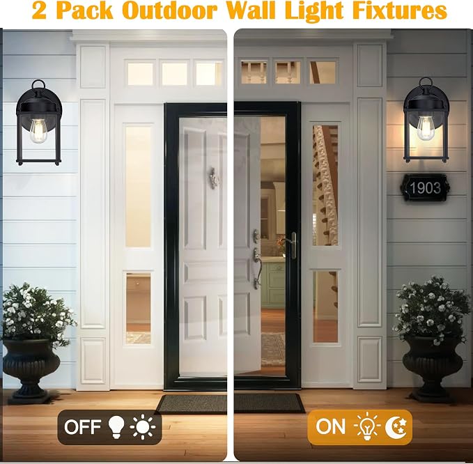 Outdoor Wall Light, Porch Lamp, Rustproof Waterproof, Black | Exterior Wall Sconce Fixture for House, Garage, Patio, Metal Housing with Glass, E26 Base, 4 Pack