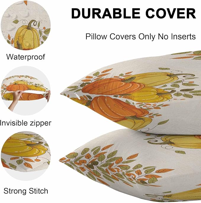 Orange Pumpkins Outdoor Waterproof Pillow Covers, Fall Yellow Leaves Vintage Beige Rustic Decorative Rectangle Throw Pillowcase Sofa Cushion Sham for Patio/Couch/Chair, 20"x12" 2 Pack