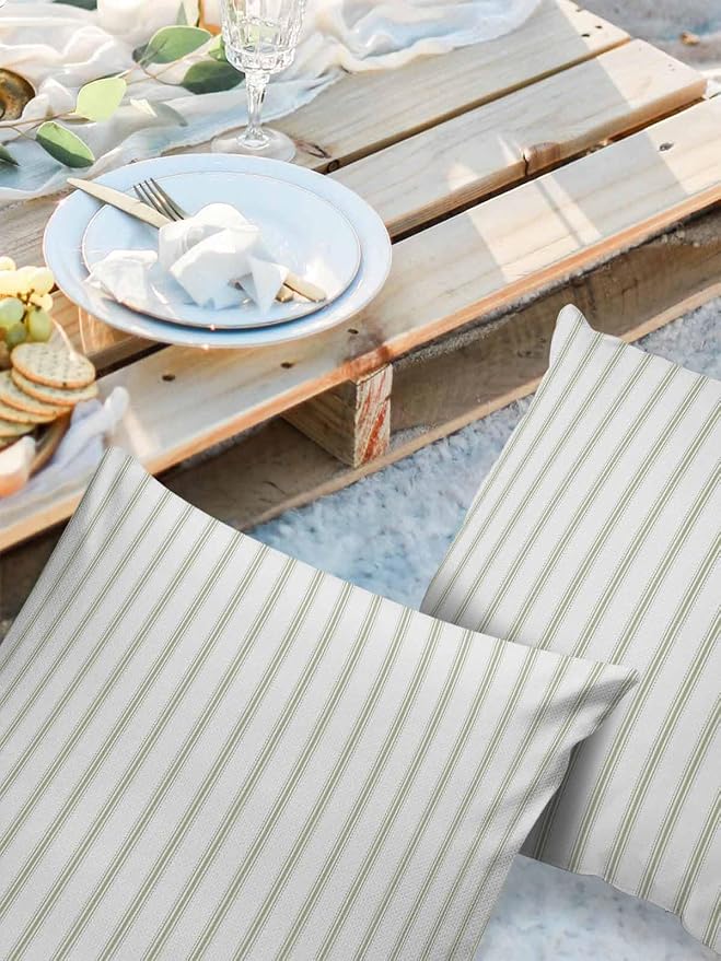 Outdoor Waterproof Throw Pillow Covers Set of 2 Sage Green Stripes Pillowcases 16x16 Inches Vertical Striped Patio Decorative Pillows Cushion Case Patio Pillows for Couch Bed Chair Garden