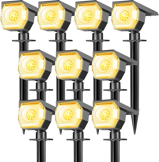 10 Pack Solar Lights Outdoor, Spotlights Outdoor Waterproof 3 Modes, 2-in-1 Auto On/Off Solar Spot Landscape Lighting Outside for Tree Plants Yard Garden Pathway, Warm White