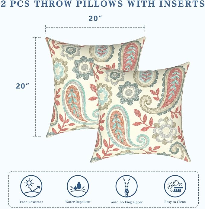 LVTXIII Outdoor Pillows 20x20 Inch, 2 Pack Large Decorative Square Throw Pillows with Inserts for Couch, Bed, Floor Seating, Patio Furniture, Paisley Vintage
