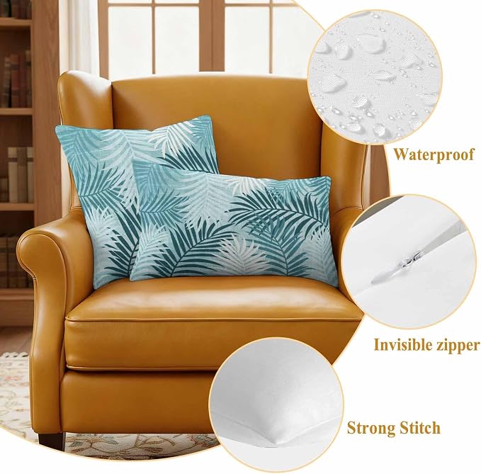 Outdoor Waterproof Throw Pillow Covers, Teal Palm Leaves Decorative Pillow Cases, Summer Botanical Tropical Leaf Couch Pillow Protector Patio Sofa Cushion Covers Replacement 24"x24" 2 Pack
