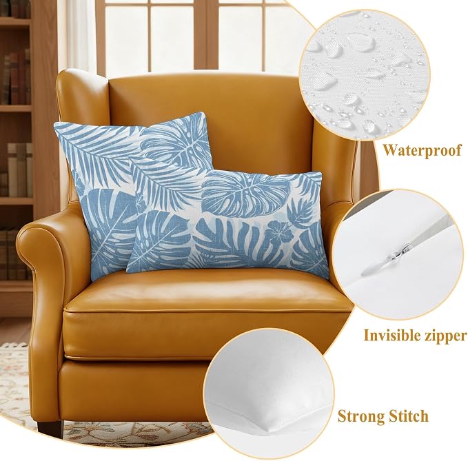 Coastal Blue Palm Leaves Outdoor Pillow Covers 18"x18" Set of 2, Tropical Botanical Minimalist Modern Waterproof Throw Pillow Covers for Patio Furniture, Decorative Cushion Covers for Porch