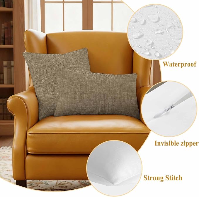 Outdoor Waterproof Throw Pillow Covers Set of 2 Brown Linen Pillowcases 16x16 Inches Farmhouse Pure Color Decorative Pillows Cushion Case Patio Pillows for Couch Bed Chair Garden