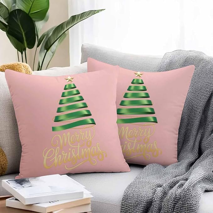 Pink Christmas Tree Outdoor Pillow Covers 26 x 26 Inches, Green Xmas Tree with Star Waterproof Throw Pillow Cover Set of 2, Christmas Pink Decorative Square Cushion Covers for Patio/Couch