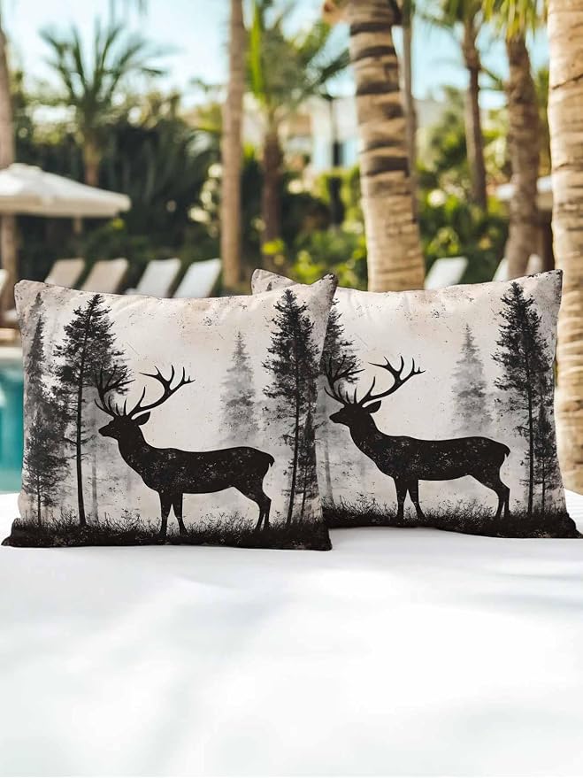 Outdoor Pillows Waterproof, Forest Deer Bedding Throw Pillows with Insert for Couch Sofa Bed, Rustic Country Wildlife Woodland Black Beige 18x18 Inch Pillowcases Camping Patio Pillow Set of 2