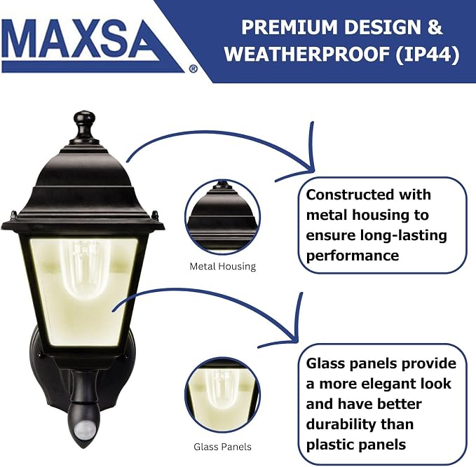 MAXSA 43319-RS Battery-Run Motion-Activated Outdoor Metal Sconce Black | Metal and Glass Battery-Powered No Wiring, 13x8.5x6" Motion Operated, Screw into Wall, Black Warm White LEDs Amazon Exclusive