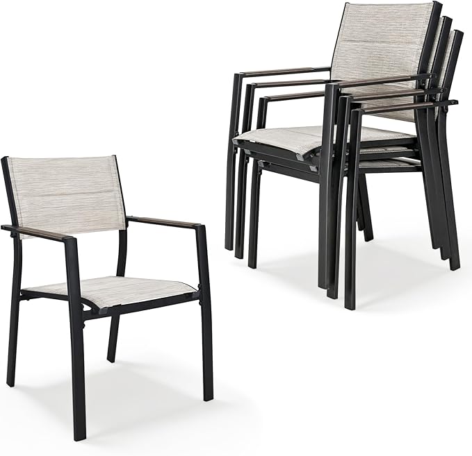 4 Pieces Outdoor Stackable Dining Chairs, Never-Rust Aluminum Stackable Patio Chairs, Patio Dining Chair Set of 4 with Double-Layer Thickened Textilene for Deck, Garden, Poolside, Limed Oak