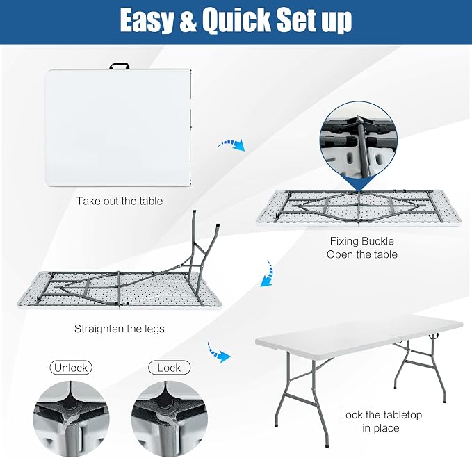 Giantex Folding Picnic Table, 6FT Portable Foldable Tables for Party BBQ, Metal Legs, HDPE, White Outdoor Indoor Camping Table with Handle, No Assembly