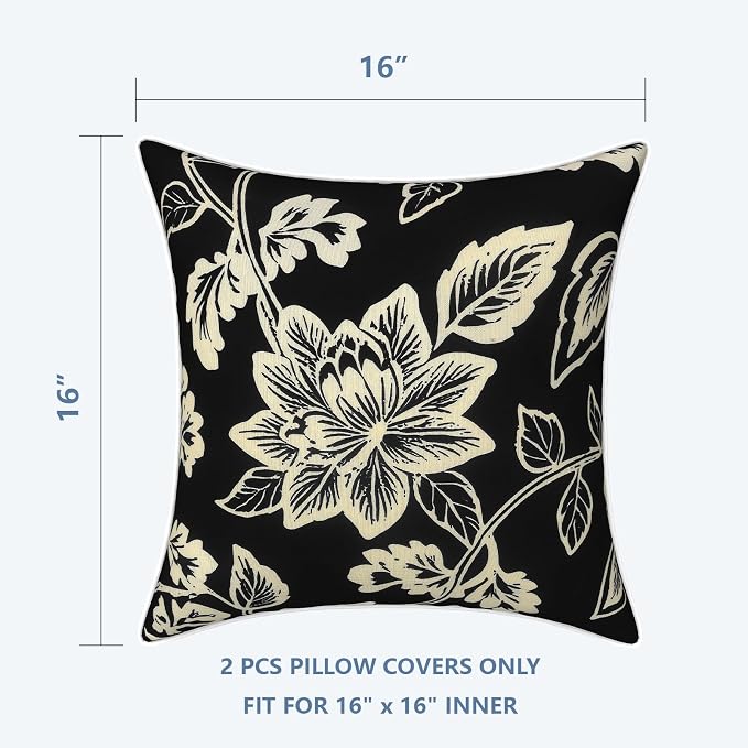 LVTXIII Outdoor Throw Pillow Covers Set of 2, Patio Waterproof Pillow Cases Fade Resistant Accent Pillow Covers for Home and Garden Furniture Decoration, 16x16, Elegant Vines Black
