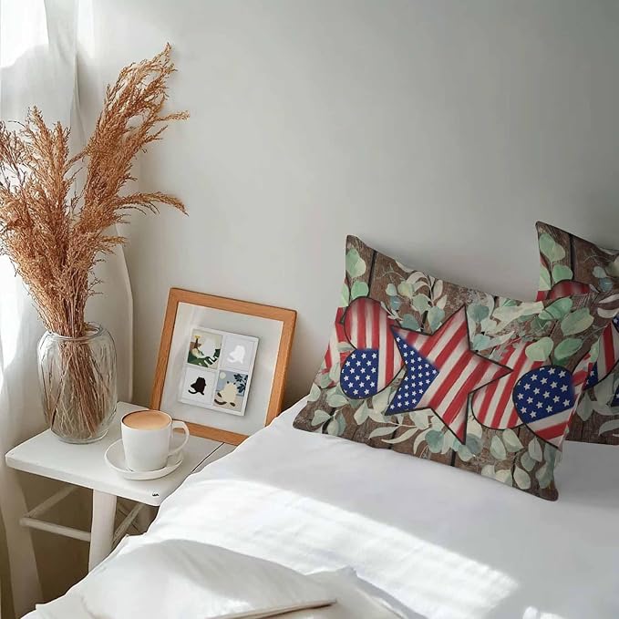 4th of July Waterproof Outdoor Pillow Covers Set of 2 Home Decor, Vintage Eucalyptus Leaf Stars Stripes Flag Pillowcase Patio Pillow Covers for Couch Bench Furniture Garden 20x12in