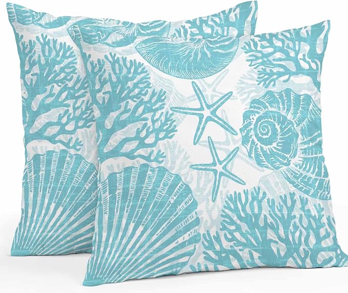 Outdoor Pillow Covers 18x18 Inch Set of 2, Aqua Coastal Waterproof Throw Pillow Covers, Beach Starfish Nautical Coral Shell Summer Decorative Cushion Pillowcases for Couch, Sofa, Bed, Garden, Patio