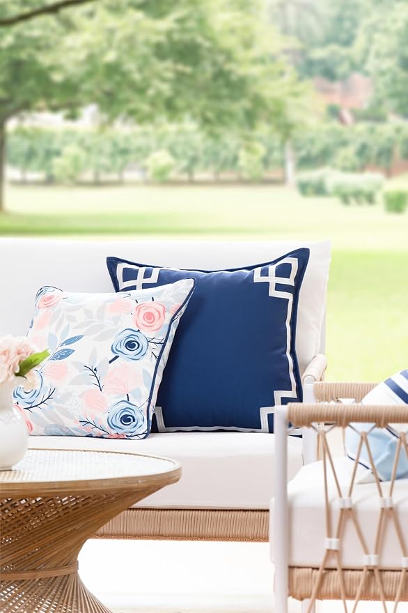 Hofdeco Premium Coastal Patio Indoor Outdoor Throw Pillow Cover Only, 20"x20" Water Repellent for Backyard, Couch, Navy Blue Embroidered Frame Greek Key