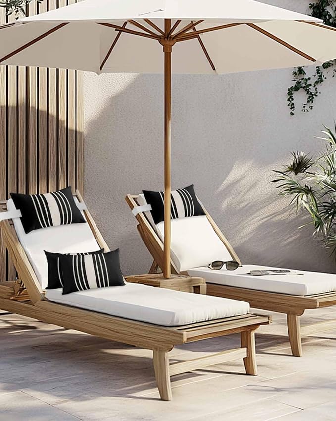 Pack of 2 Outdoor Lumbar Pillow Covers 12x20 Inch, Black Beige Striped Waterproof Throw Pillow Covers Set, Modern Farmhouse Retro Lines Indoor&Outdoor Decorative Cushion Cases for Patio Porch Beach